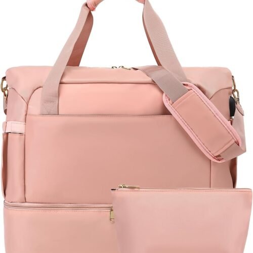 Gym Bag Women men with Shoes Compartment,Travel Duffel Bag with USB Charging Port, Sport Gym Tote Bags Swimming Yoga,Waterproof Weekend Overnight Bag Carry on Bag Hospital Holdalls,Pink