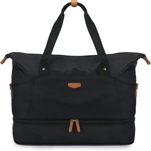 Expandable Weekender Bag for Women,Travel Duffel Bag 50L Carry on Overnight Bag with Shoes Compartment Gym Bag, Black, Large, Travel Bag Women
