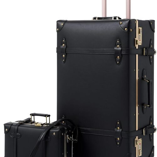 Designer Vintage Trunk Combination Luggage Sets of 2 Piece, Hard Shell Retro Travel Suitcase with Wheels (Black, 20"+12")
