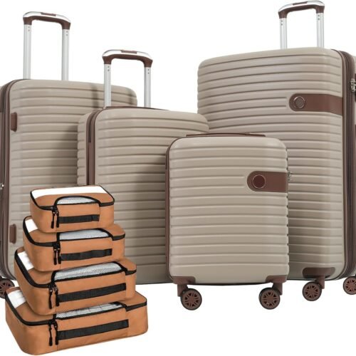 4 Piece Luggage Set Suitcase Set,  Hard Shell Lightweight Expandable Travel Luggage with 4 Packing Cubes,  Lock, Spinner Wheels for Men Women(16/20/24/28) (khaki 4-piece set)