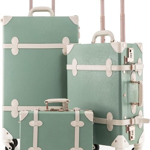 3 Piece Vintage Combination Suitcase Set, Hard Shell Retro Travel Trunk Luggage with Train Bag for Women (Matcha Green, 26"+20"+12")