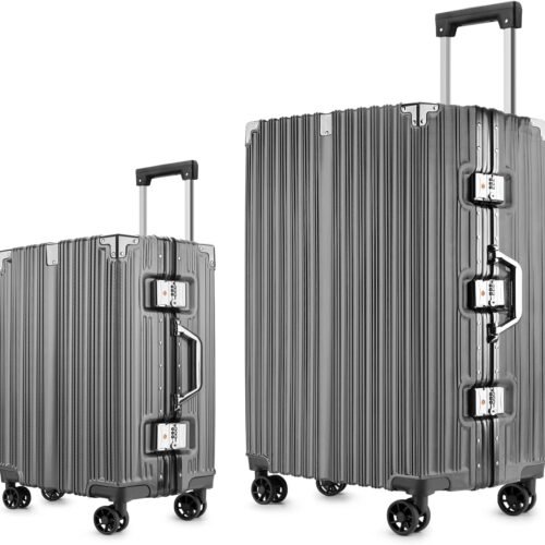 2-Piece Zipperless Luggage Set - 20/28 Inch Airline Approved Carry On 22x14x9 in & Checked Suitcases, 9H Scratch-Proof Hard shell PC with Aluminum Frame for Business travel Gray